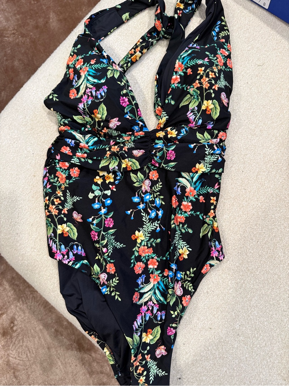 Floral Halter One-Piece Swimsuit - Black with Multicolor Floral Print